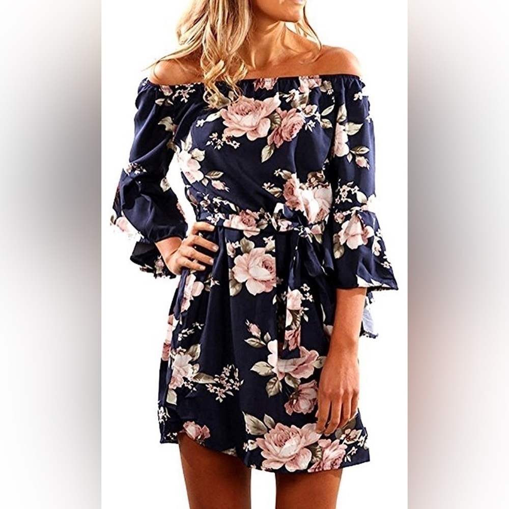 New Women’s Off Shoulder Ruffles Floral Tunic Casual Party Shift Short Dress Med